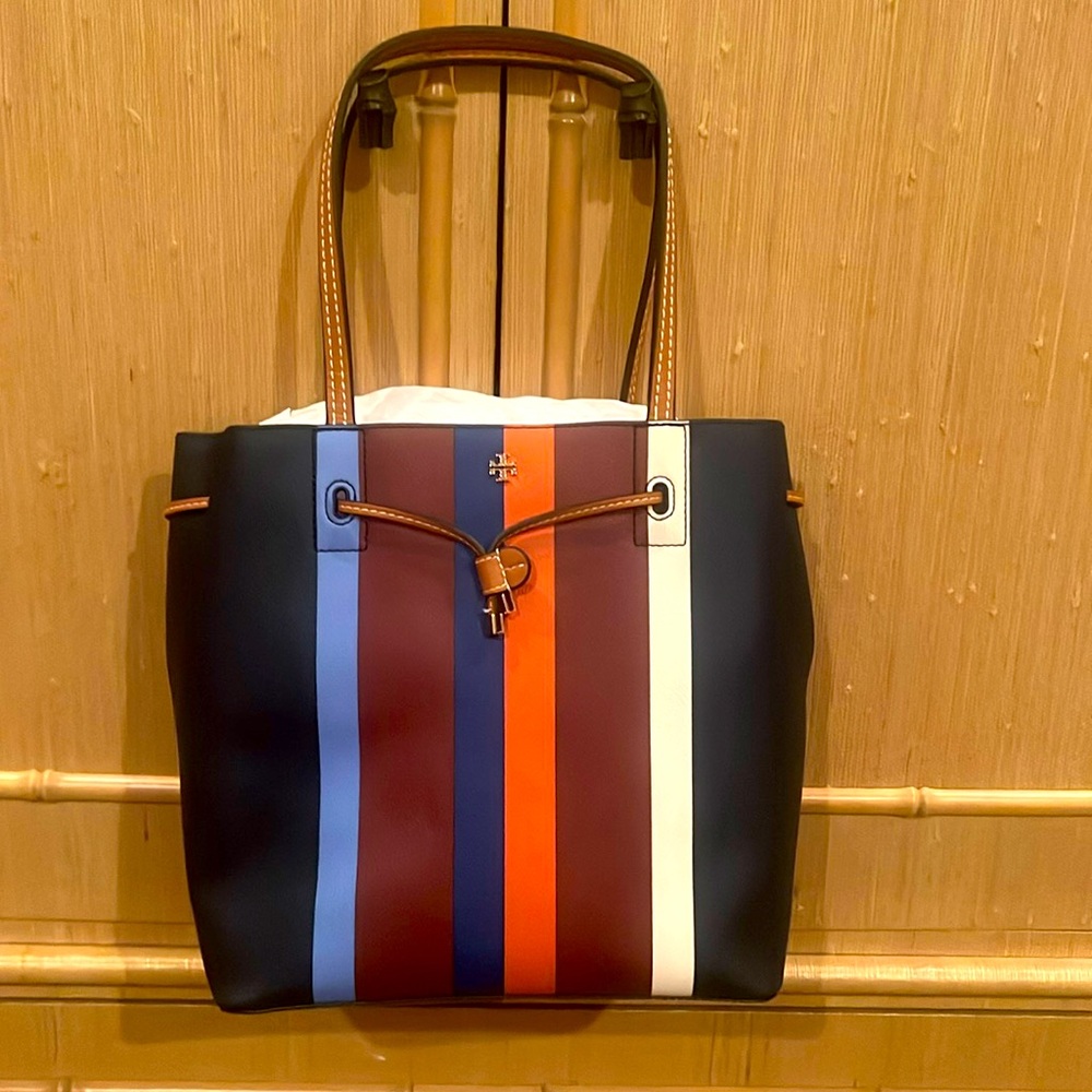 TORY BURCH 
Blue , multicolor stripe leather Kerrington bucket bag /gold-tone